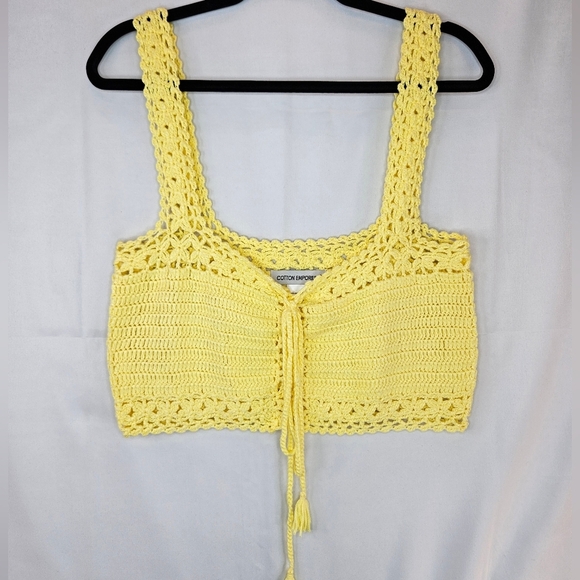 Cotton Emporium Womens Yellow Knit Cropped Top Sz XL Lace up Front Boho Beachy - Picture 3 of 10
